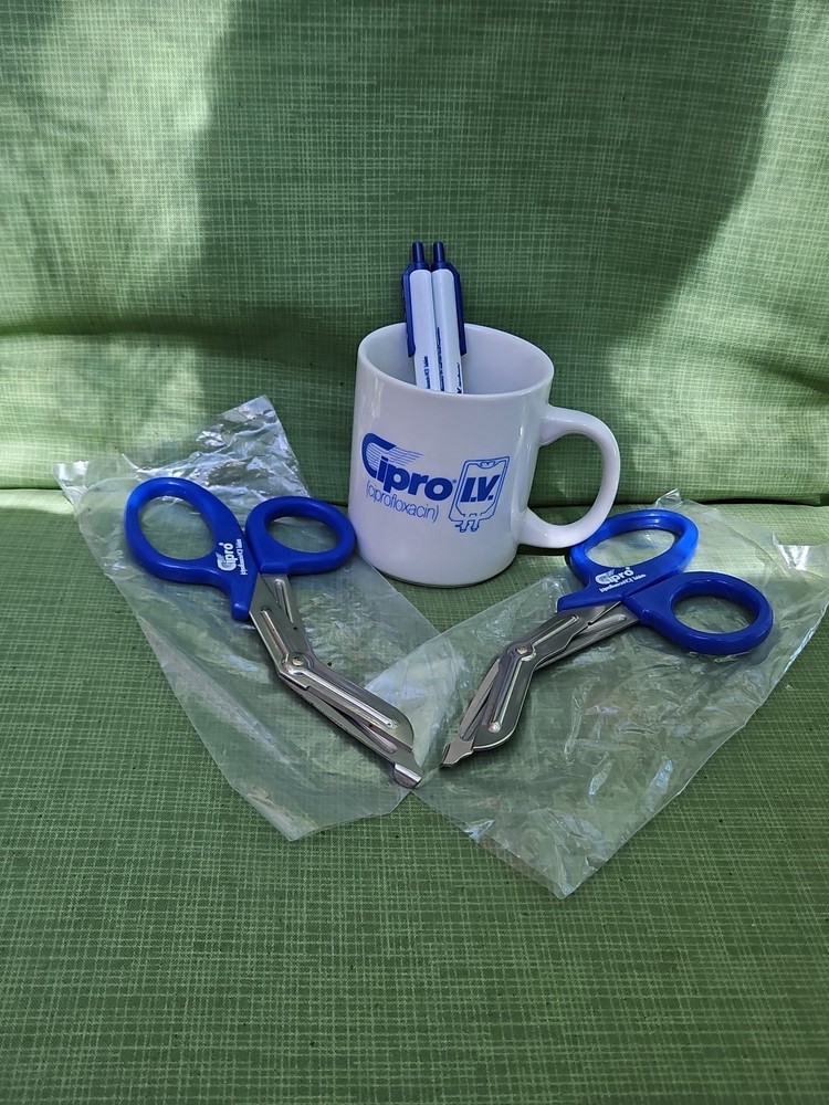 Cipro Pharmaceutical Drug Rep Lot Scissors Coffee Mug Ink Pen Advertising
