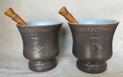 Pair- Schering 1966 Coricidin Cosmas & Damian Ceramic Mortar & Pestles 5″ tall