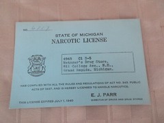 State of Michigan Narcotic License Expires July 1, 1940 – Grand Rapids, Michigan