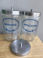 2 Grafco Glass Blue Letter Apothecary Jars Stainless Lid Vtg Applicators Bandage