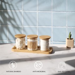 INIUNIK Qtip Holder with Vanity Tray, 3 Pack Glass Apothecary Jars with Lids,…