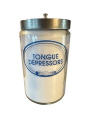 Grafco Medical Apothecary Glass Jar Stainless Lid Blue Letters Tongue Depressors