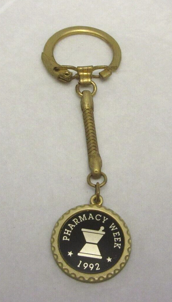 VTG 1992 PHARMACY WEEK Gold Tone Key Chain Pestle & Mortar
