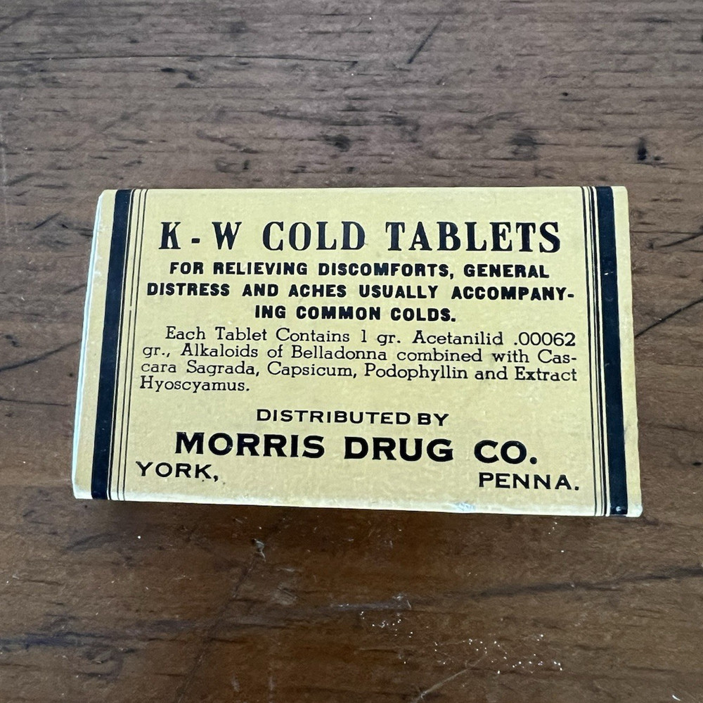 Vintage Antique K-W Cold Tablets Medicine Box Collectable Morris Drug Co York PA