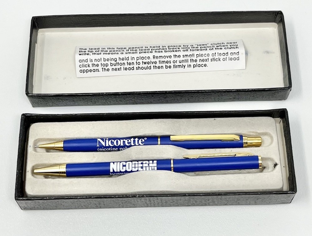 Lot 2 Vintage Drug Representative Nicoderm Nicorette Pen/Pencil Set No Ink As Is