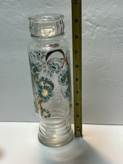 ViNTaGe MiD CeNTuRy GLaSs 11″ Apothecary Jar ReTRo AQuA BLuE & GoLD FLYING BIRDS