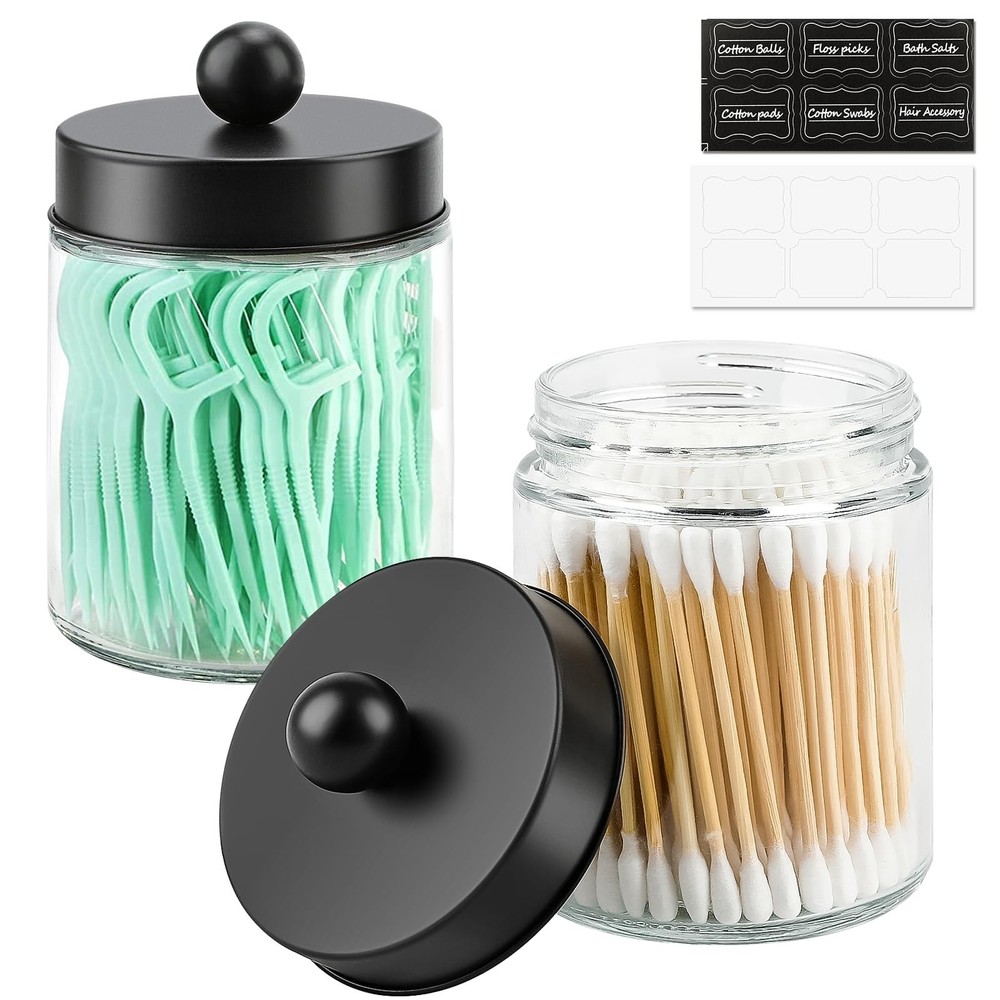 2 Pack Glass Apothecary Jars with Lids for Bathroom, Cute Qtip Holder, Black …