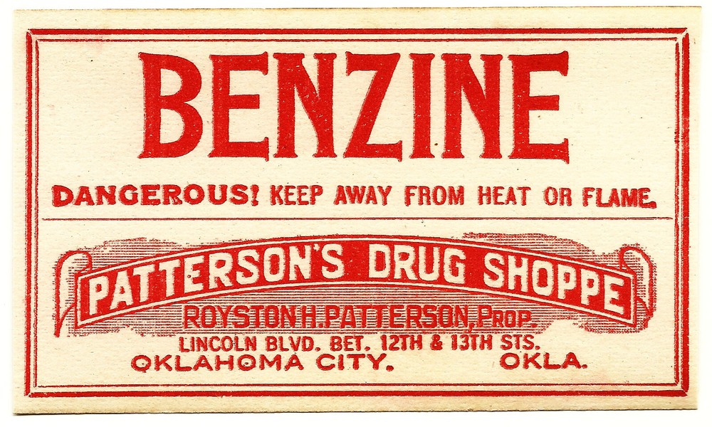 1 Vintage Pharmacy Label BENZINE Patterson’s Drug Shoppe Oklahoma City Oklahoma