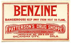 1 Vintage Pharmacy Label BENZINE Patterson’s Drug Shoppe Oklahoma City Oklahoma