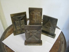VINTAGE drug promo PHARMACY TINACTIN BRASS BOOKENDS SECUNDUM ARTEM