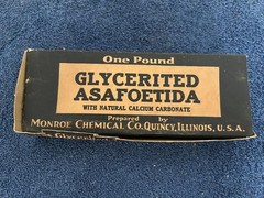 Vintage glycerited Asafoetida squares in original box w price tags in 1 lb box