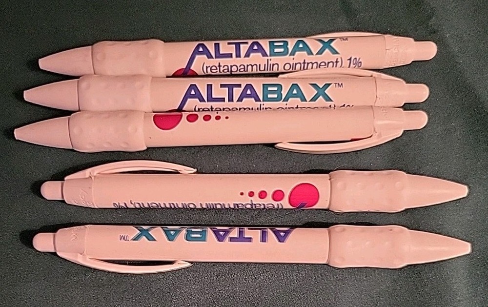 Lot OF 5 Metal and Plastic Altabax Pharmaceutical Drug Rep Pens NOS Rubber Grips