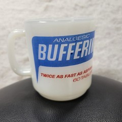 VTG Bufferin Pharmaceutical Advertising Mug Milk Glass White Retro Analgesic Cup
