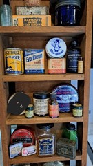 Antique Bottles Tins Boxes Pharmacy Items Empty/Full –SHELF NOT INCLUDED!!!