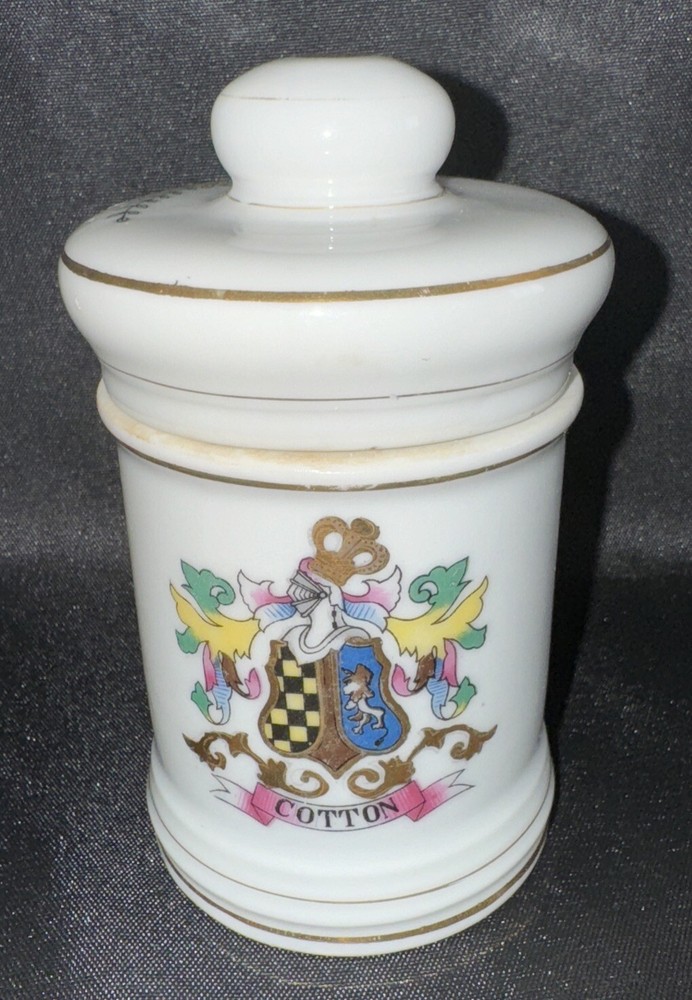 Porcelain Apothecary Jar Pulvis Gold Trim DOM Vintage Cotton
