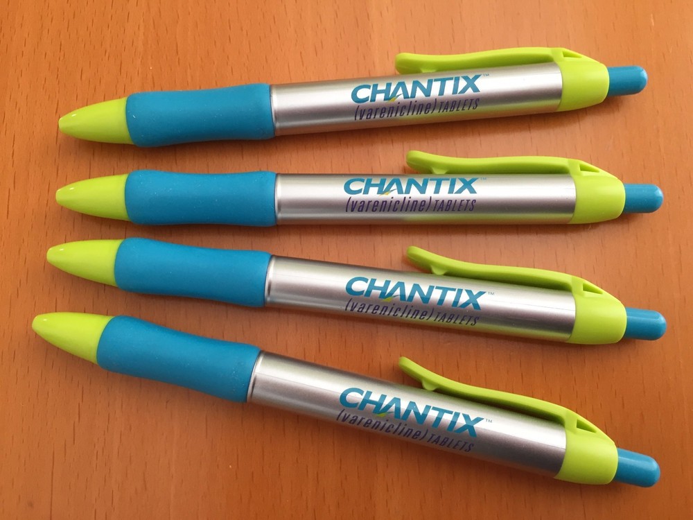 DRUG REP PENS 4 CHANTIX Silver / Blue / Neon Colors VINTAGE! COLLECTIBLE!