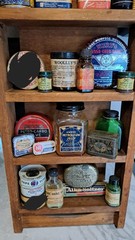 Antique Bottles Tins Boxes Pharmacy Items Empty/Full –SHELF NOT INCLUDED!!!