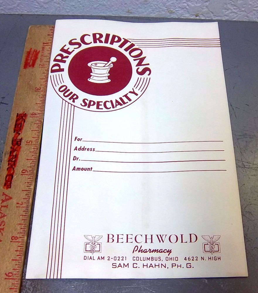 Vintage 1950s Beechwold Pharmacy Columbus Ohio Prescription Bag / envelope