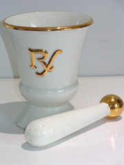 Vintage Pharmacy Display Ivory & Gold Trimmed RX Mortar & Pestle