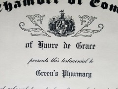 1941 GREEN’S PHARMACY Havre De Grace Maryland Chamber of Commerce 50 Year Award