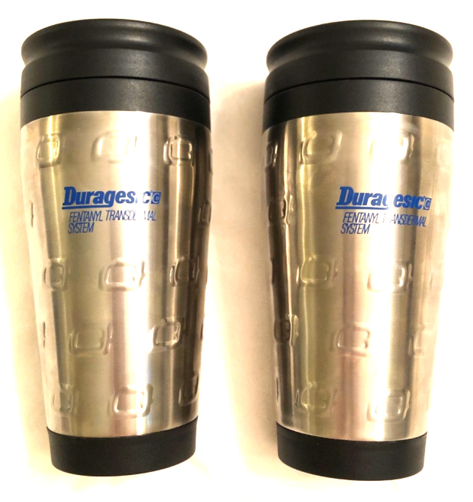 Lot of 2 Duragesic Fentanyl Travel Mugs Pharmaceutical Sales Merch Rare HTF