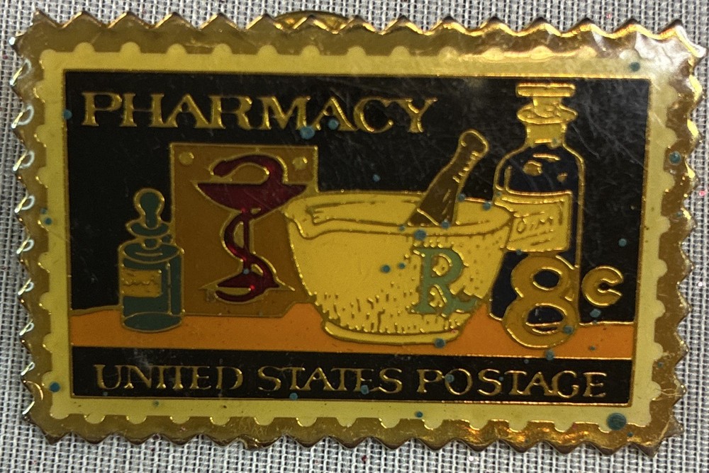 Pharmacy United States Postage 8¢ Stamp-Style Lapel Pinback Pin Santa Ana CA