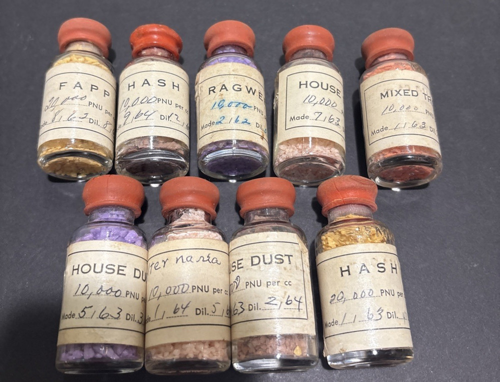 VTG 1960s Allergy Testing Vials with Rubber Stoppers-Bath Salts inside? Set of 9