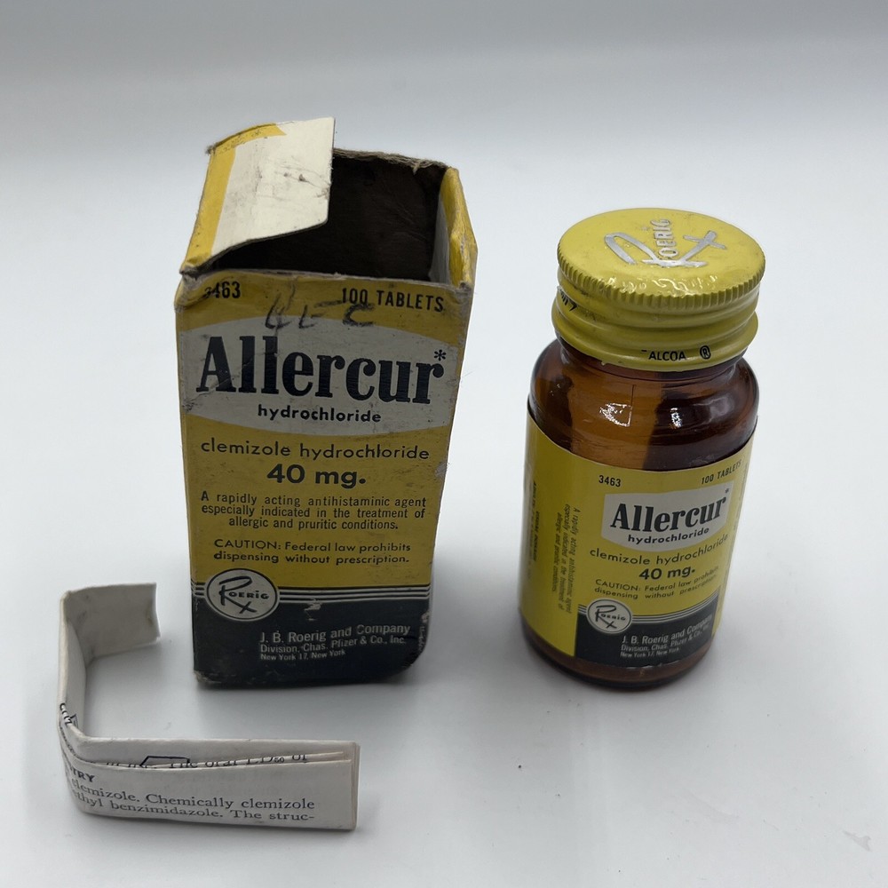 Vintage 1950’s Allercur hydrochloride Medicine Bottle Collectible Empty