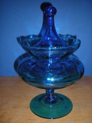 Lg Blue Apothecary Jar Vtg Hand Blown Empoli Italian Canister Circus Tent Lid