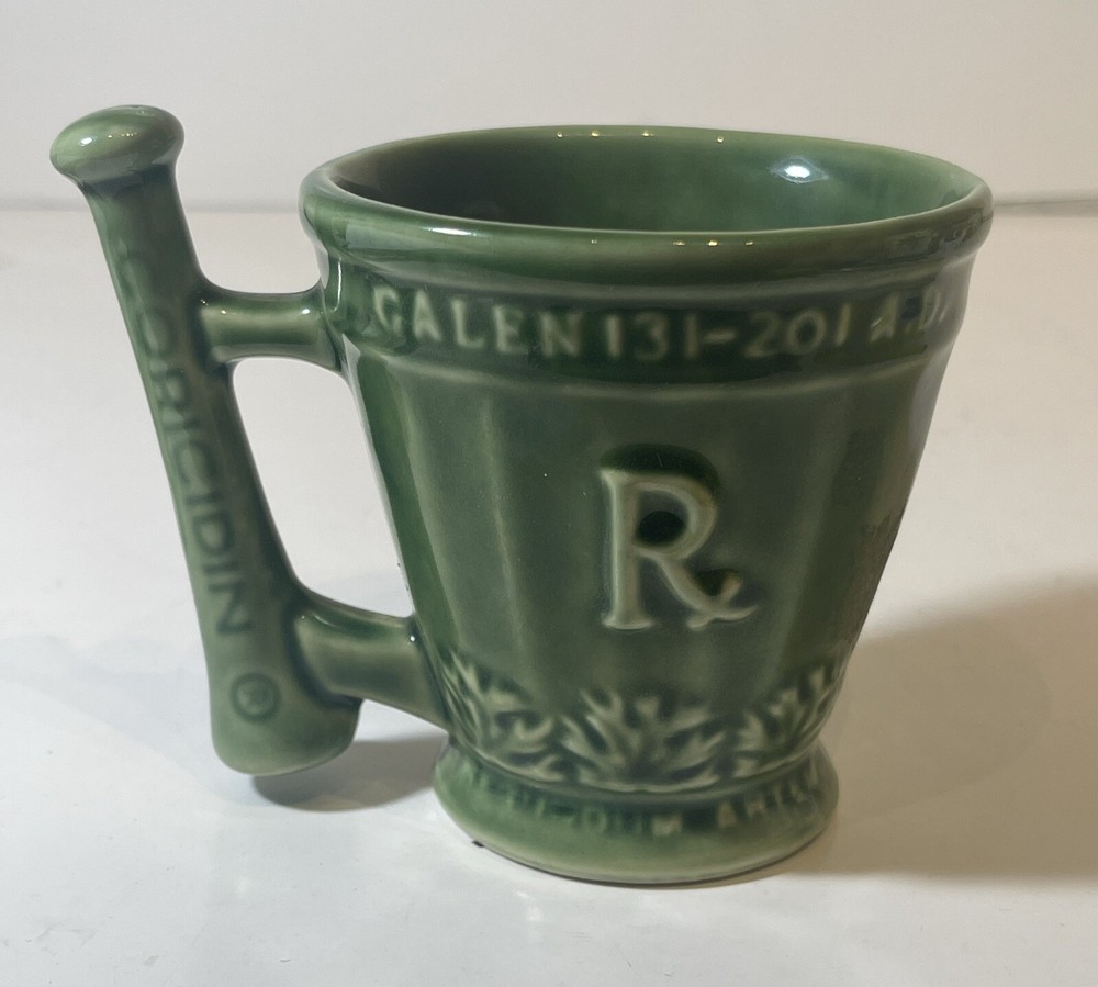 Vintage Coricidin Green Pottery Mug RX Galen Schering Pharmacy Cup Mortar Pestle