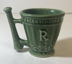 Vintage Coricidin Green Pottery Mug RX Galen Schering Pharmacy Cup Mortar Pestle