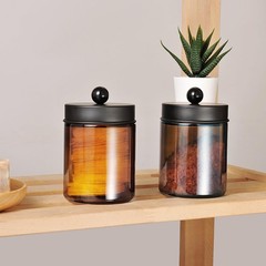 Amber Glass Qtip Holder, Apothecary Jars with Matte Black Metal Lid &