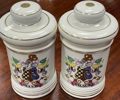 Pair Vintage Porcelain Apothecary Jar Latin Pulvis & Salsus Gold Rim DOM Japan