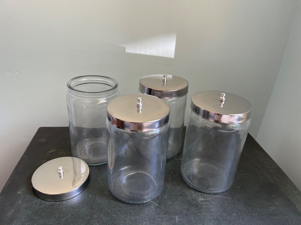 Set of 4 Medical Sundry Glass Jar, 4-inch outside diameter, used. LOT