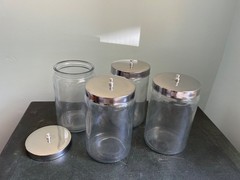 Set of 4 Medical Sundry Glass Jar, 4-inch outside diameter, used. LOT