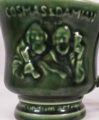 McCoy Cosmas & Damien Mug Mortar & Pestle Green Pottery Advertising Schering