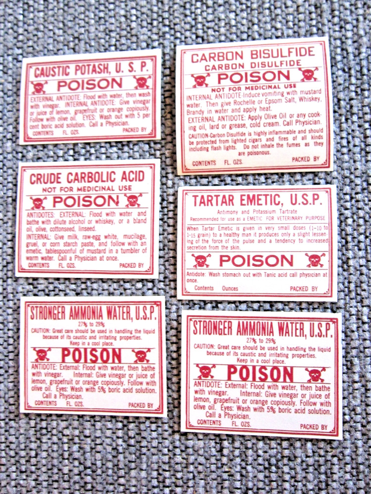 Lot of 6 Vintage Pharmacy Poison Unused Bottle Labels