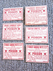 Lot of 6 Vintage Pharmacy Poison Unused Bottle Labels