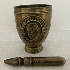 BRASS PHARMACY MORTAR AND PESTLE METAL 4.5″ STANISLAS LIMOUSIN SCHERING 1984