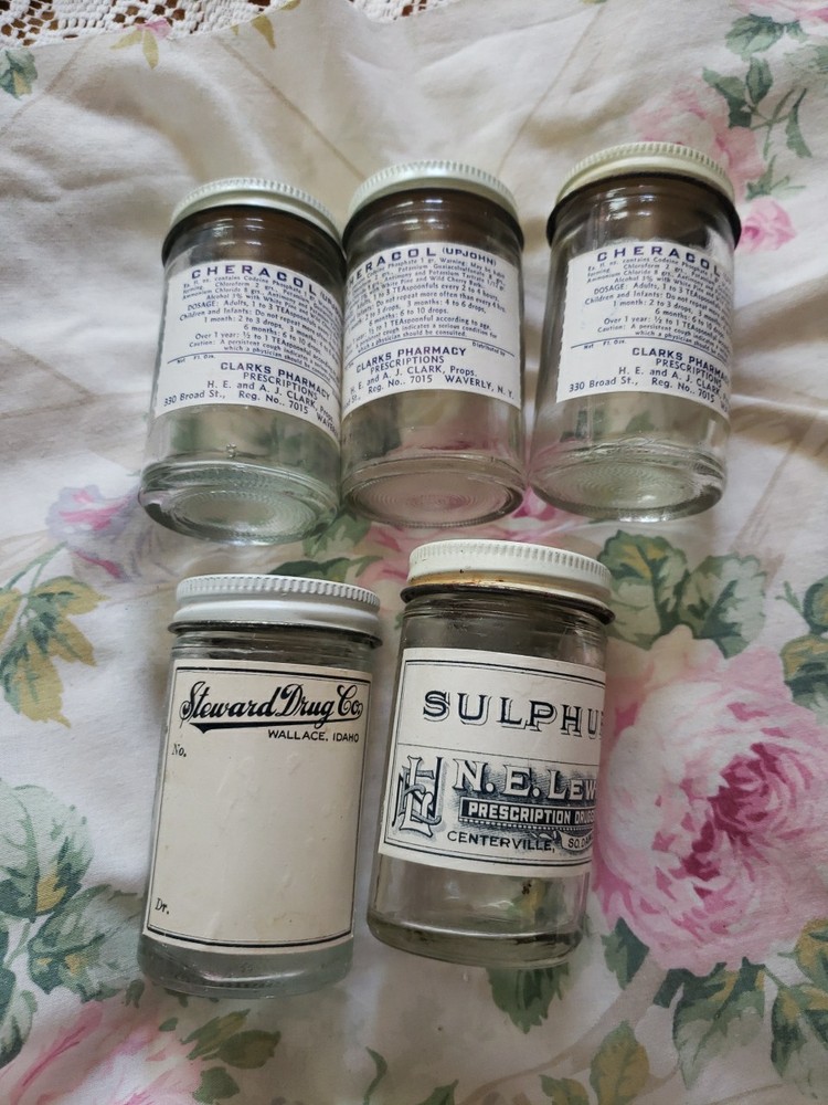 Vtg Pharmacy Product Jars Clear Glass, With Labels, Group Of Five