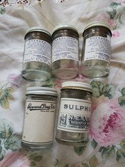 Vtg Pharmacy Product Jars Clear Glass, With Labels, Group Of Five