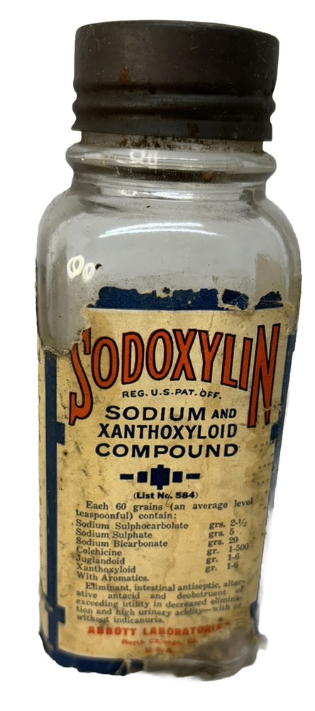 Vintage Abbott Laboratories Glass Medicine Bottle w/ Label & Metal Lid SODOXYLIN