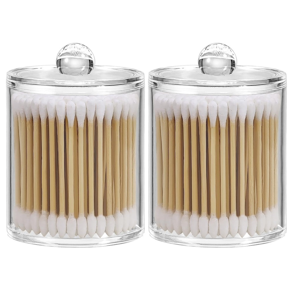 Q Tip Holder for Bathroom, 2-Pack Clear Plastic Apothecary Jars with Lids Set…