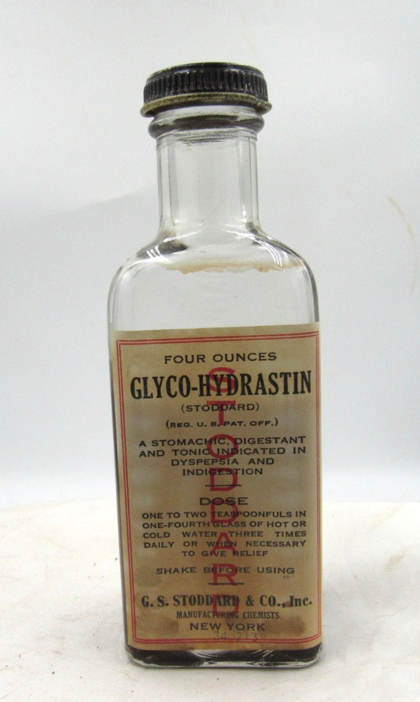 BW – 1930’s GS Stoddard Glyco-Hydrastin New York 5 1/2″ Clear Medicine bottle