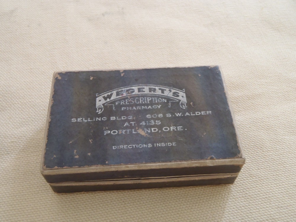 Vintage Wegert’s Pharmacy prescription pills cardboard Box Portland OR.