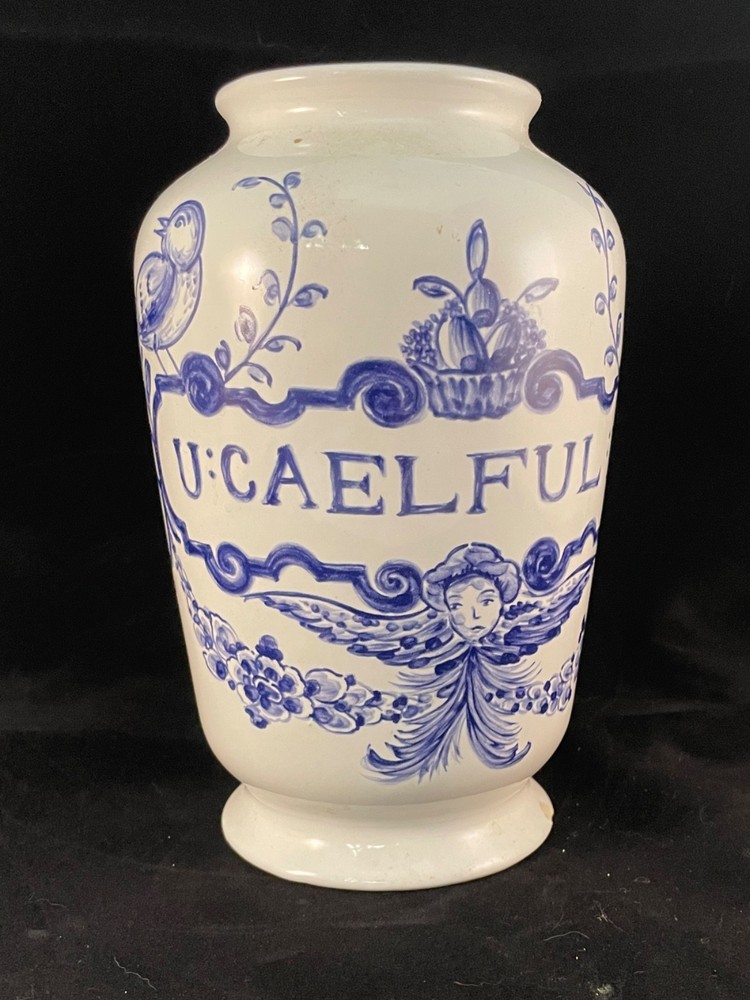 Vintage 1989 Lilly Pharma Blue White Ceramic U:Caelful:Fo Apothecary Jar Vase