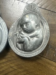 2 Parke-Davis TABRON 1950s Vintage Pharmaceutical Pewter Fetus Paperweight VGC