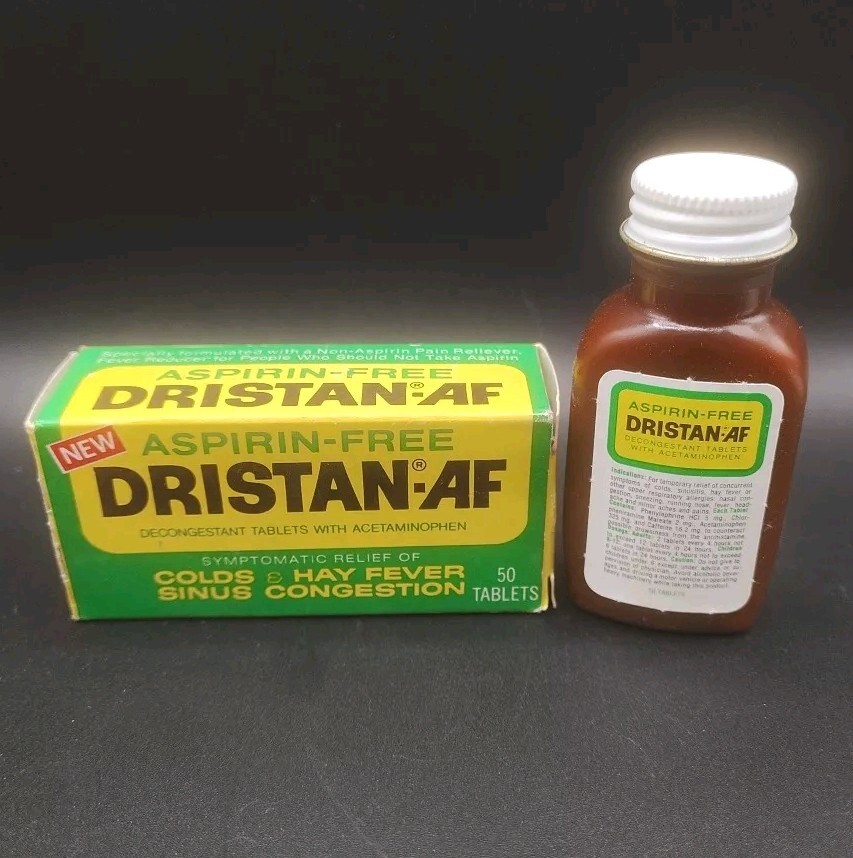 NOS 80’s Vintage Dristan-AF Aspirin Free Medicine 50 ~ Plastic Bottle HTF Rare
