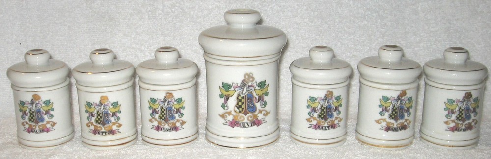 SET 6 DOM JAPAN APOTHECARY CERAMIC PORCELAIN JARS + 1 PULVIS POWDER W/ LIDS EUC!