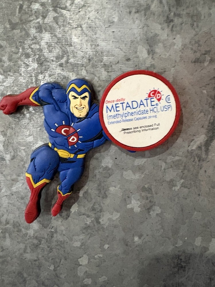 Vintage METADATE ADHD Pharma Rep Superhero Magnet Methylphenidate Rare